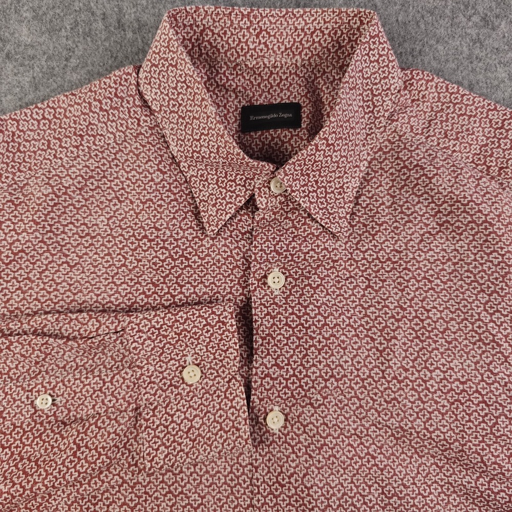 Ermenegildo Zegna Shirt Mens XL Red Geometric Linen Blend Long Sleeve Button Up